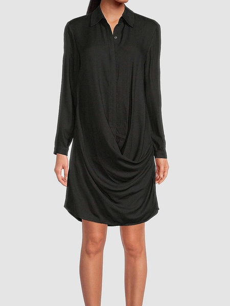 

Plain Autumn Urban Polyester Natural Loose Midi Shirt Dress Shirt Collar Dresses for Women, Black, Midi Dresses