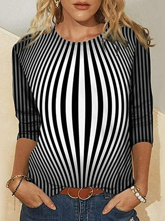 

Striped Casual Autumn Spandex Micro-Elasticity Regular Fit Long sleeve Crew Neck Regular Size T-shirt for Women, Black, T-Shirts