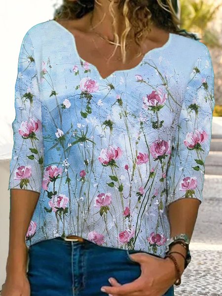 

Casual Floral Autumn Spandex V neck Daily Loose Medium Elasticity Regular Size T-shirt for Women, Multicolor, T-Shirts