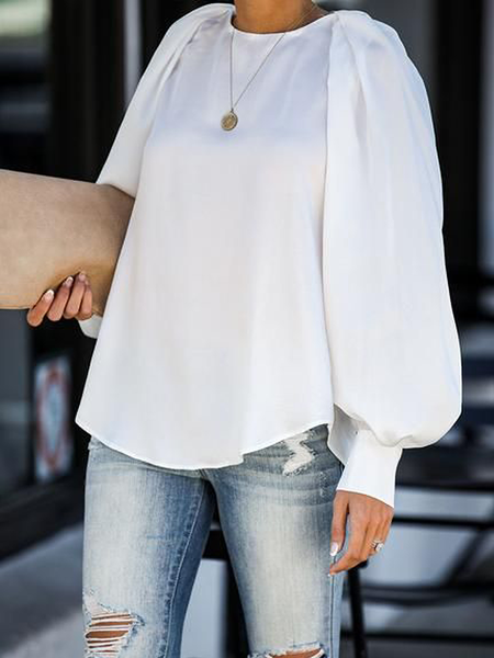 

Loose No Elasticity Crew Neck Long sleeve Blouse, White, Blouses and Shirts