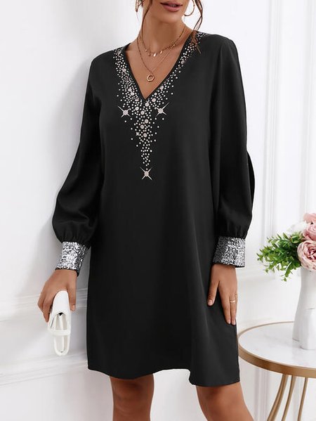 

Women Plain Autumn Urban Polyester V neck Natural Loose H-Line Regular Size Dresses, Black, Mini Dresses