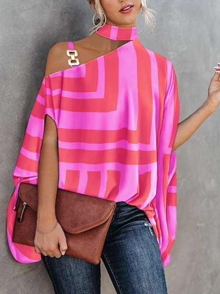 

Women Geometric Autumn Urban Micro-Elasticity Loose Short sleeve Regular Regular Regular Size Blouse, Pink, Blouses and Shirts