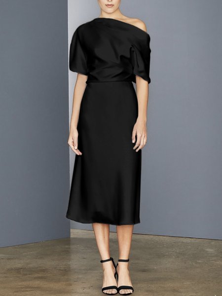 

Asymmetrical Plain Regular Fit Elegant Midi Dress, Black, Midi Dresses