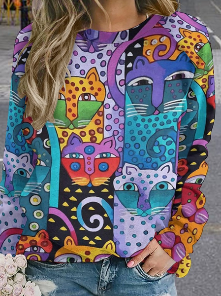 

Women Funny Abstract Art Cat Casual Cotton Raglan Sleeve Sweatshirt, As picture, Hoodies&Sweatshirts