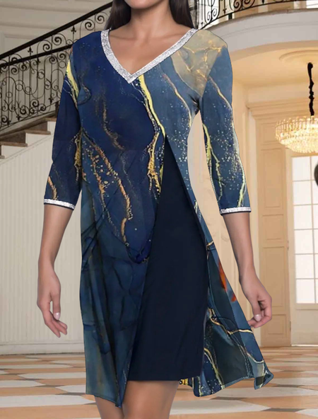 

Abstract Autumn Urban V neck Natural Party Three Quarter Regular Regular Size Dresses for Women, Blue, Dresses