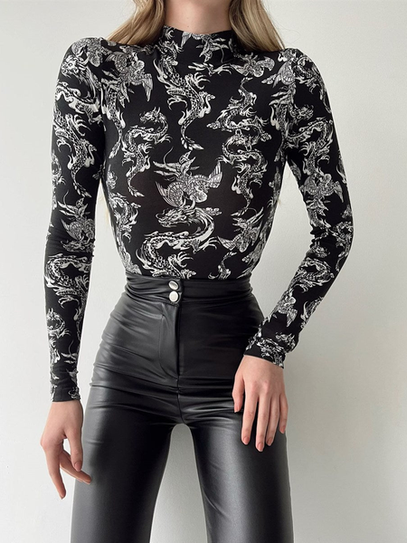 

High Elasticity Tight Stand Collar Simple H-Line Long sleeve T-Shirt, Black, Tees