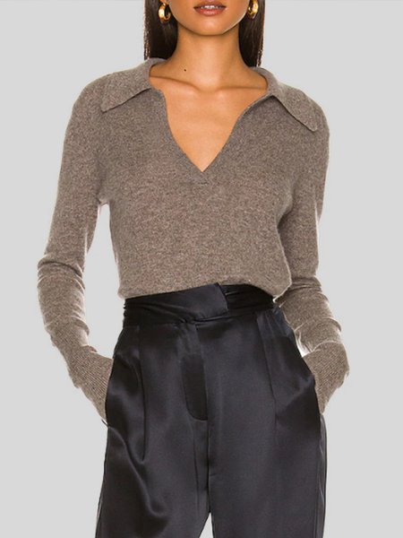 

Casual Polo Collar Plain Long Sleeve Sweater, Coffee, Sweaters