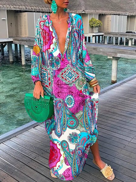 

Women Paisley Autumn Vacation V neck No Elasticity Long Pullover Long sleeve Regular Dresses, Blue, Maxi Dresses
