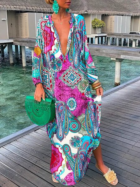 

Women Paisley Autumn Vacation V neck No Elasticity Long Pullover Long sleeve Regular Dresses, Blue, Maxi Dresses