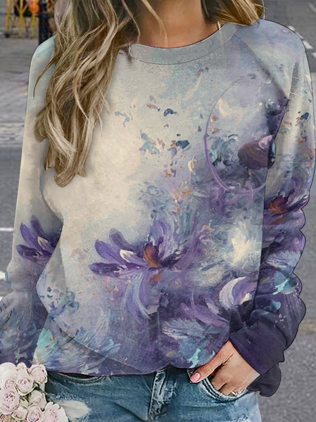 Women Large Format Flowers Raglan Sleeve Abstract Sweatshirt, As picture, Hoodies&Sweatshirts