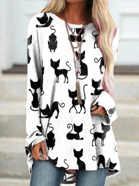 

Casual Autumn Cat Polyester Daily Loose Long sleeve Crew Neck H-Line T-shirt for Women, Multicolor, T-Shirts