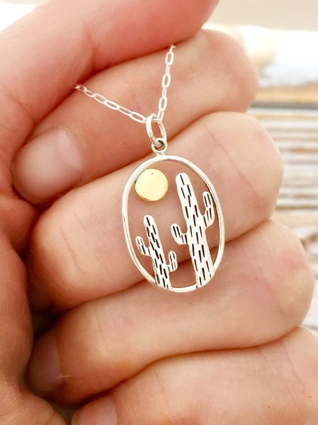 

Casual Western Cactus Cutout Pendant Necklace, As picture, Necklaces