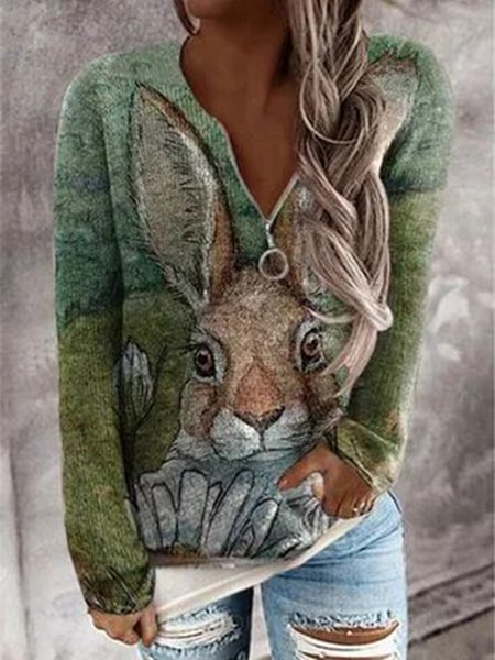 

Women Casual Animal Autumn Spandex V neck Zipper Heavyweight Loose Medium Elasticity Tops, Multicolor, T-Shirts
