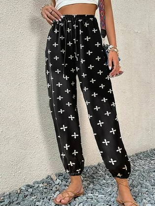 

Loose Geometric Long Leggings, Black, Pants