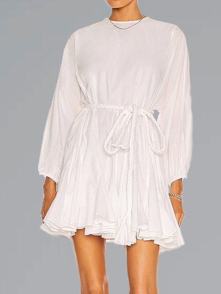 

Women Plain Simple Autumn Polyester Natural Micro-Elasticity Long sleeve Crew Neck X-Line Dresses, White, Mini Dresses