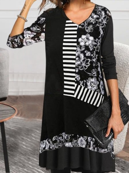 

Floral Autumn Vacation High Waist High Elasticity Daily T-Shirt Dress A-Line Regular Size Dresses for Women, Black, Dresses