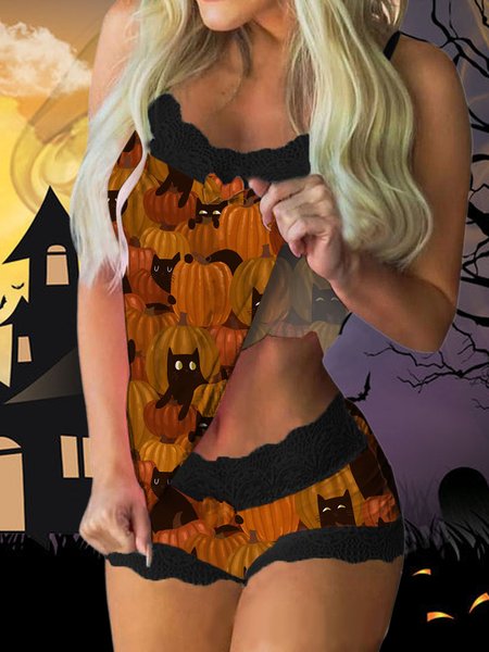 

Halloween Pumpkin Black Cat Sexy Lace Homewear Pajama Set Plus Size, Color3, Loungewear & Sleepwear