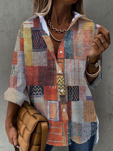 Casual Geometric Shawl Collar Long sleeve Blouse, Multicolor, Shirts & Blouses