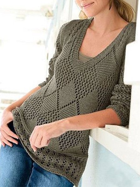 

Casual Plain Autumn Polyester Cotton Daily Hollow out Regular Fit Long sleeve Regular Sweater for Women, Army green, Sweaters & Cardigans