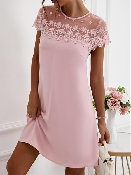 

Urban Solid Lace Short Sleeves Shift Above Knee Casual Dresses, Pink, Dresses