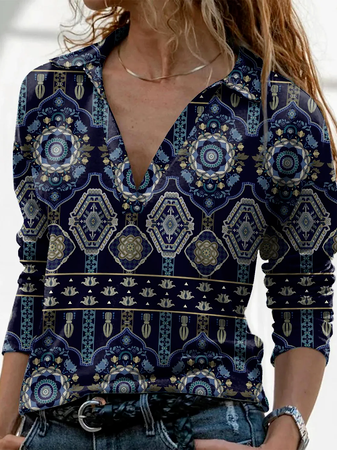 

Ethnic Shawl Collar Loose Top, Multicolor, T-Shirts