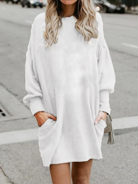 

Plain Loose Long Sleeve Dresses, White, Dresses