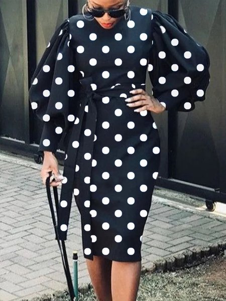 

Elegant Polka Dots Lantern Sleeve Dress, Black, Midi Dresses