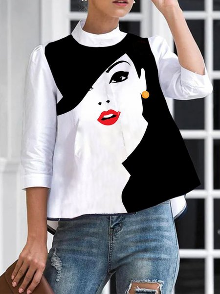 

White Three Quarter Daily Regular Fit Stand Collar Blouse, Blouses and Shirts