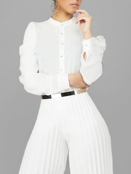 

Women Plain Autumn Elegant Polyester Stand Collar Daily 1 * Top Regular Regular Blouse, White, Blouses and Shirts