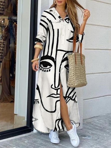 

Urban Abstract Printed Loose Shirt Collar Dress, White, Maxi Dresses