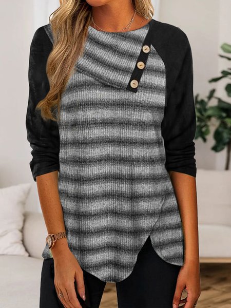 

Women Striped Casual Autumn Polyester Regular Fit Asymmetrical Regular Regular Medium Elasticity Tops, Deep gray, Shirts & Blouses