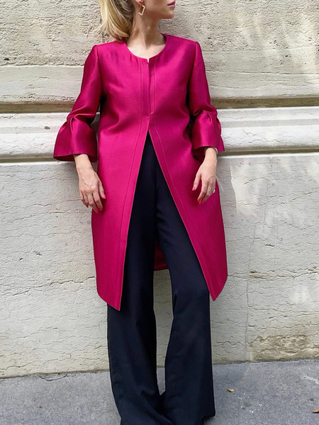

Women Plain Autumn Urban Polyester Natural Loose Commuting Three Quarter Regular Trench coat, Rose red, Outerwear