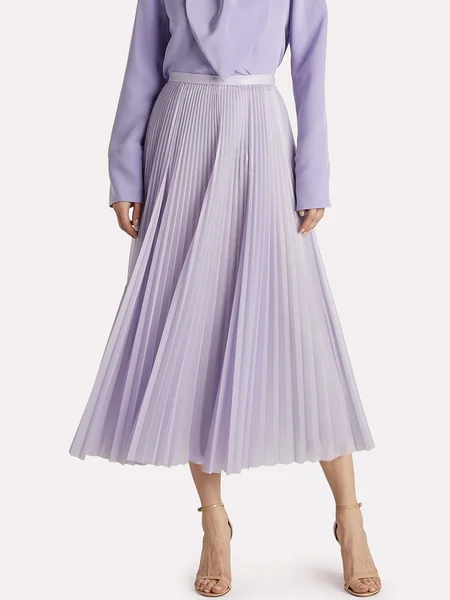 

Plain Autumn Elegant Polyester Daily Loose Mid Waist Pleated Regular Size Skirt for Women, Purple, Skirts