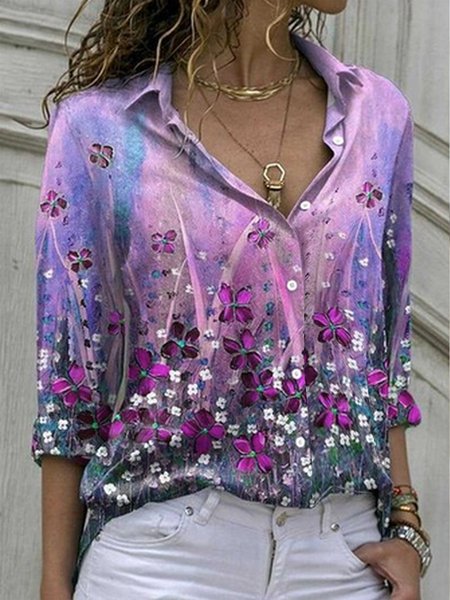 

Shirt Collar Loose Floral Blouse, Multicolor, Shirts & Blouses