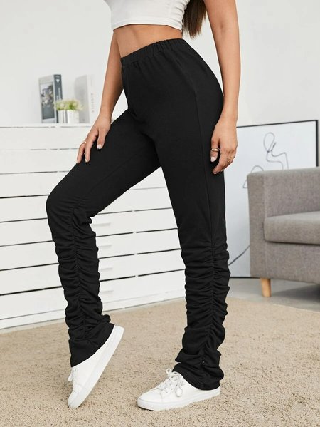 

Plain Hem Pleated Elastic Waist Casual Pants, Black, Pants
