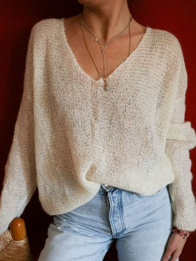 

Women Casual Plain Autumn V neck Micro-Elasticity Long sleeve H-Line Regular Regular Size Sweater, Off white, Sweaters & Cardigans