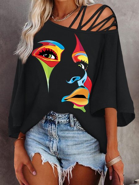 

Casual Abstract Autumn Micro-Elasticity Daily Jersey 1 * Top Three Quarter Regular Blouse for Women, Black, Blouses and Shirts