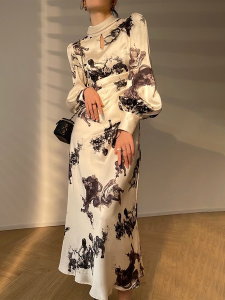 

Midi Long sleeve Elegant Stand Collar Painting Dress, White, Maxi Dresses