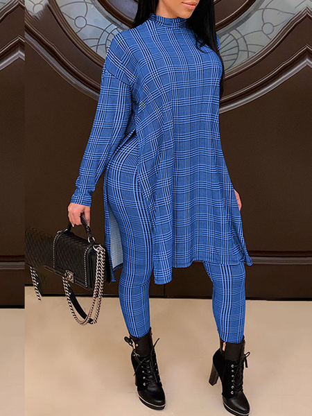

Women Simple Plaid Autumn Polyester Stand Collar High Elasticity Daily Long sleeve Top With Pants Two Piece Sets, Blue, Two-piece Set