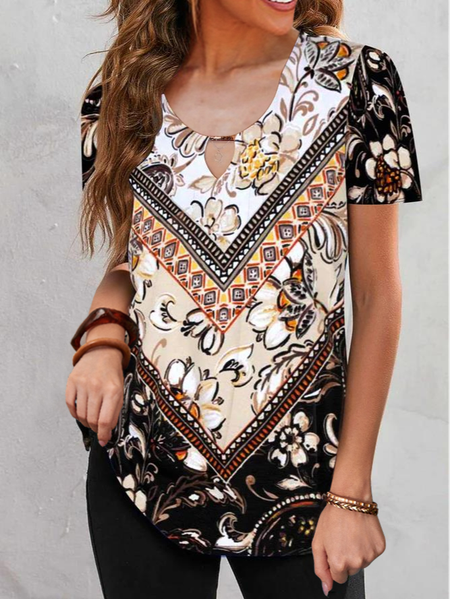 

Casual Crew Neck Ethnic T-Shirt, Multicolor, Shirts & Blouses
