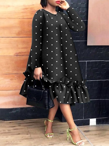 

Elegant Crew Neck Polka Dots Long Sleeve Loose Dress, Black, Midi Dresses