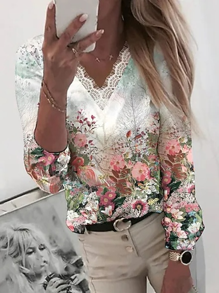 

V Neck Loose Floral Top, Multicolor, Tops