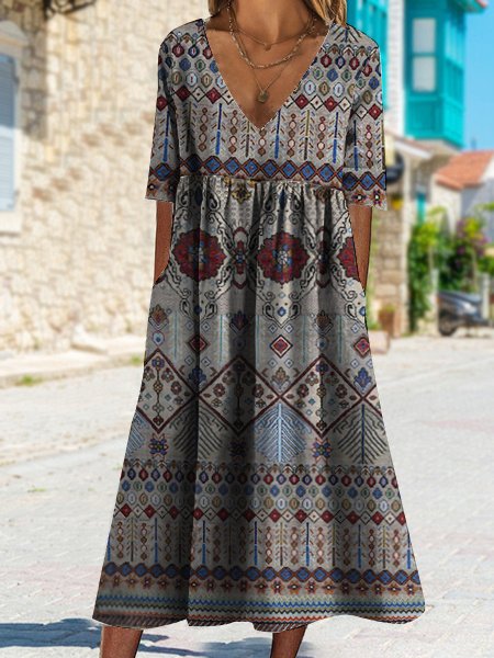 

Ethnic Floral Design V-Neck Loose Casual Dress, Gray, Dresses