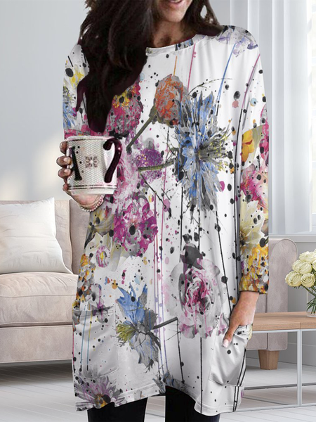 

Women Large Format Flowers Casual Crew Neck Dress, As picture, Dresses