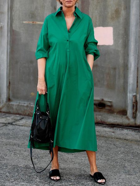 

Daily Plain Loose Shirt Collar Pockets Shirt Dress, Green, Midi Dresses