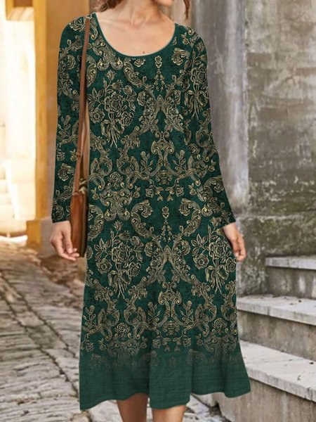 

Women Casual Ethnic Autumn Polyester Natural Midi Crew Neck Regular Medium Elasticity Dresses, Green, Midi Dresses