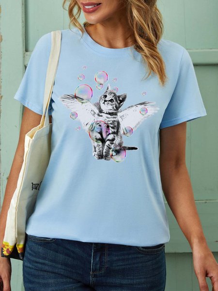 

Women Cat Wings Bubbles Pattern Loose Casual T-Shirt, Light blue, T-shirts