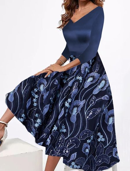 

Urban Floral Design V-Neck Oversized Dress, Blue, Dresses