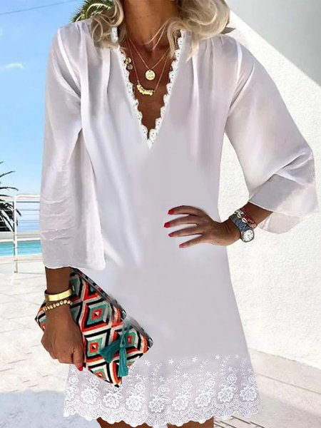 

Plain Autumn Vacation Polyester V neck Natural Midi Three Quarter Regular Dress for Women, White, Mini Dresses