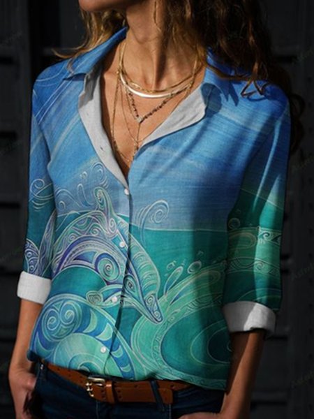 

Autumn Vacation Marine Life Polyester High Elasticity Loose Regular H-Line Regular Size Blouse for Women, Multicolor, Shirts & Blouses